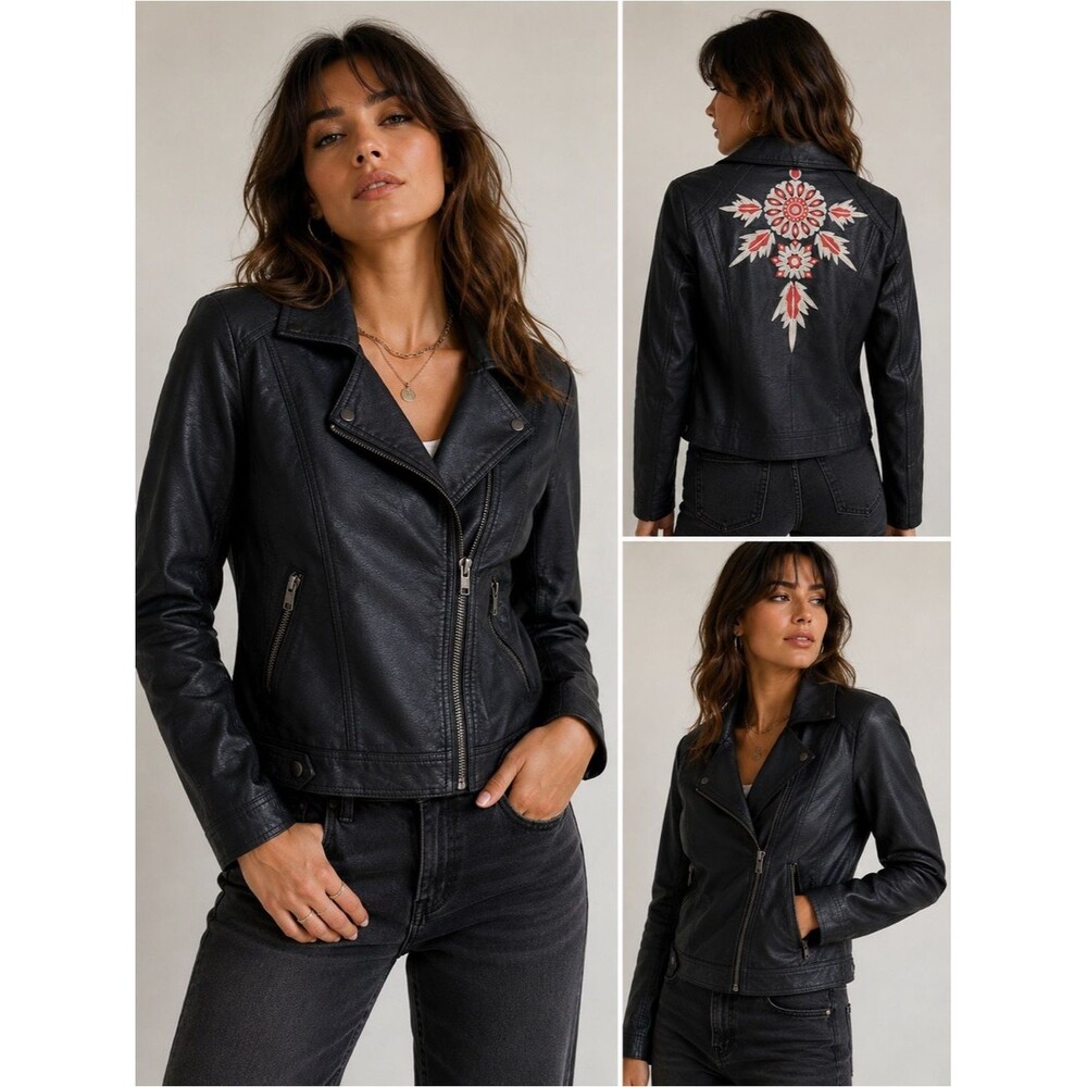 Miss Me Vintage Faux Leather Embroidered Moto Jacket Small Dreamcatcher Boho